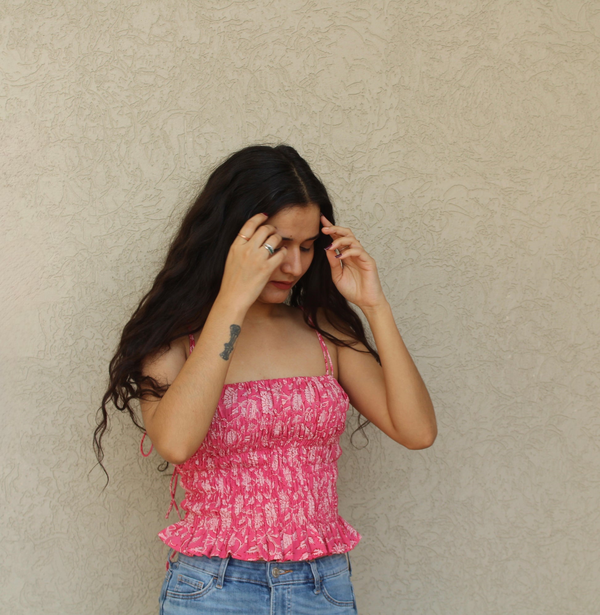 Shirred Strap Top with Ruffle Hem