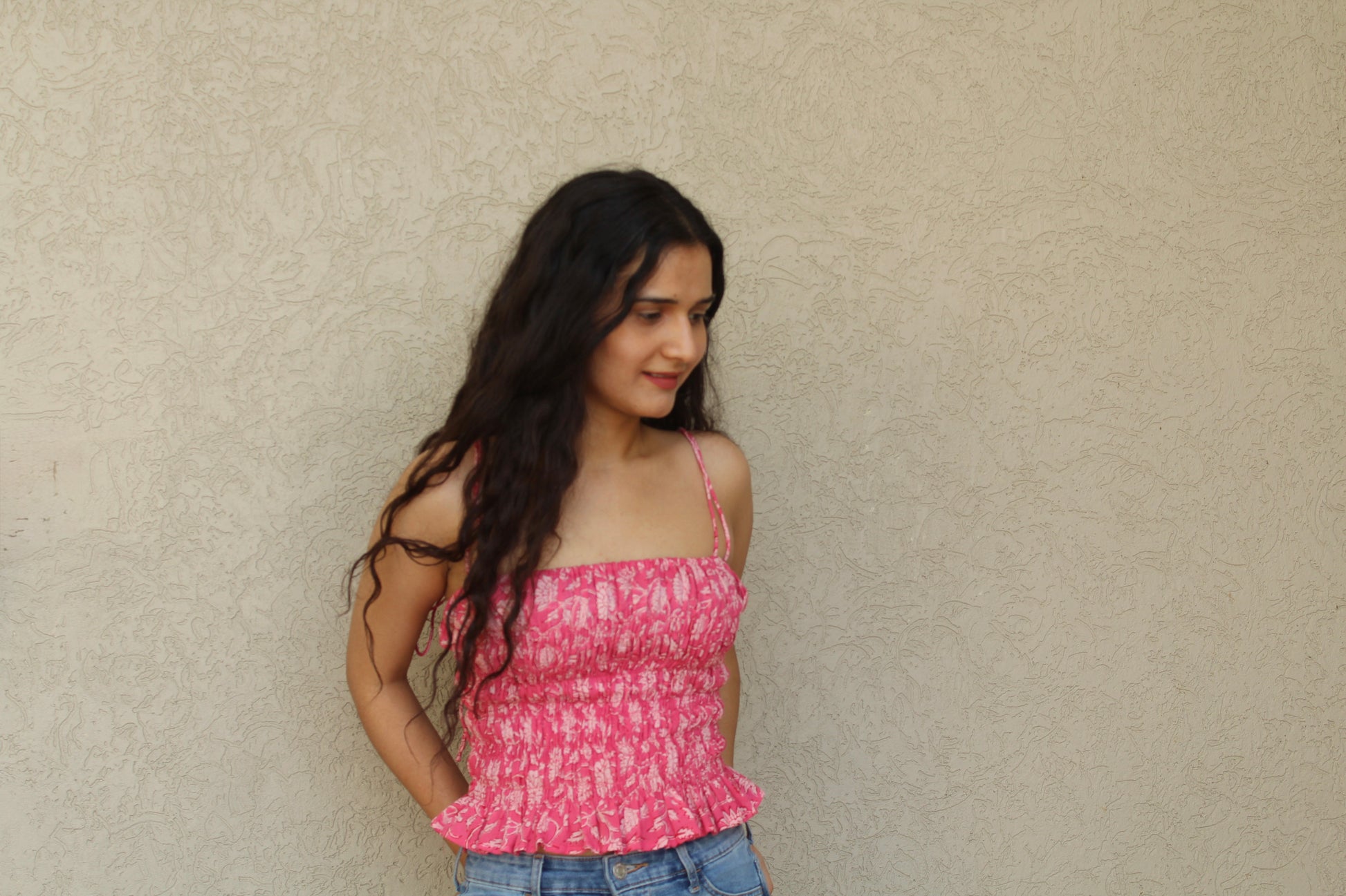 Shirred Strap Top with Ruffle Hem