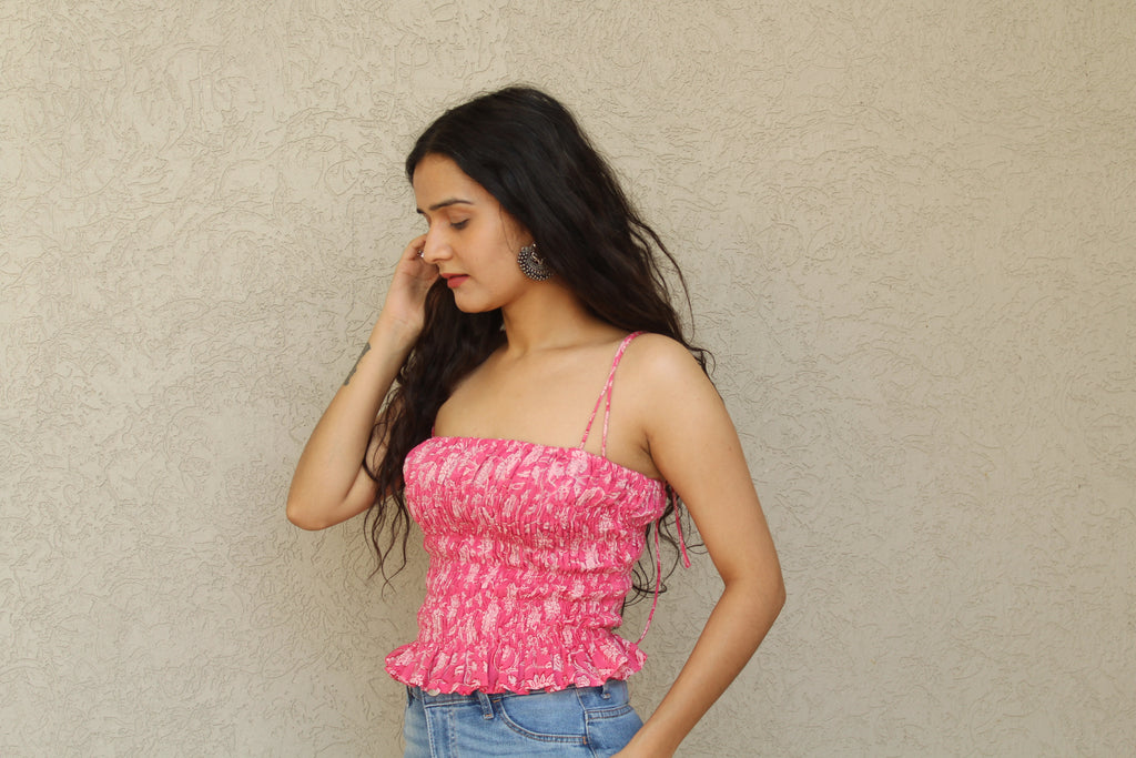 Shirred Strap Top with Ruffle Hem