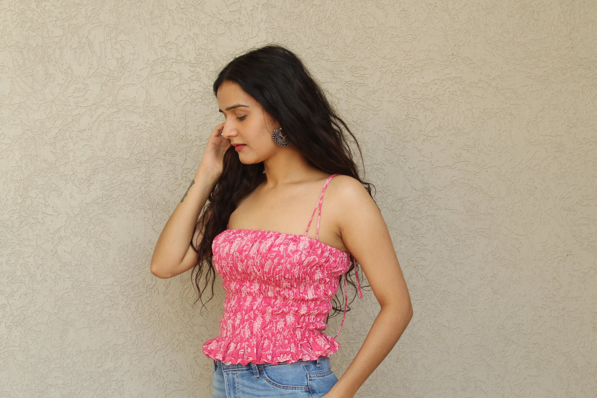 Shirred Strap Top with Ruffle Hem