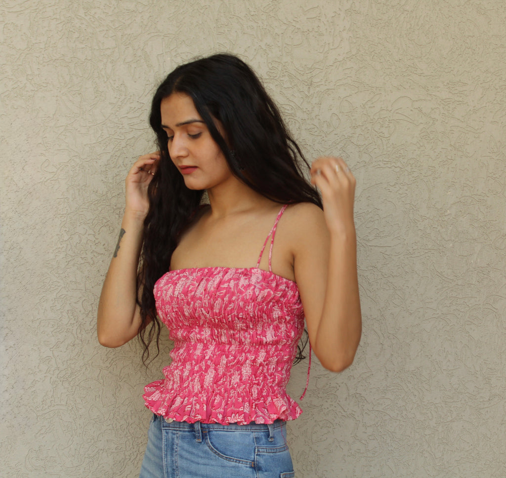 Shirred Strap Top with Ruffle Hem