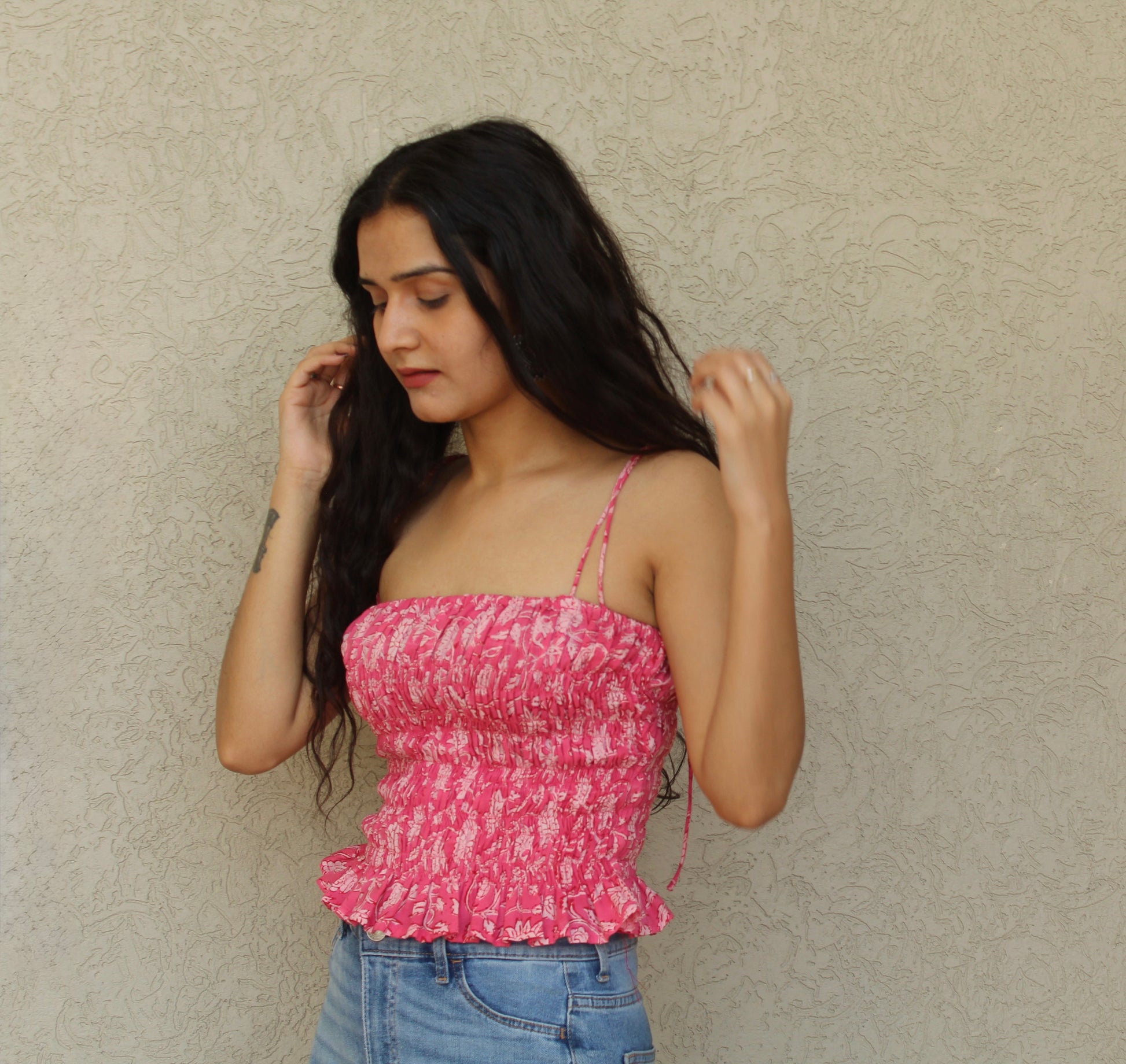 Shirred Strap Top with Ruffle Hem