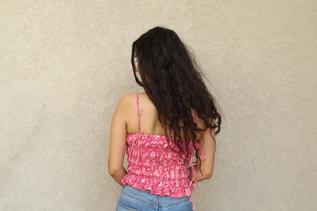 Shirred Strap Top with Ruffle Hem