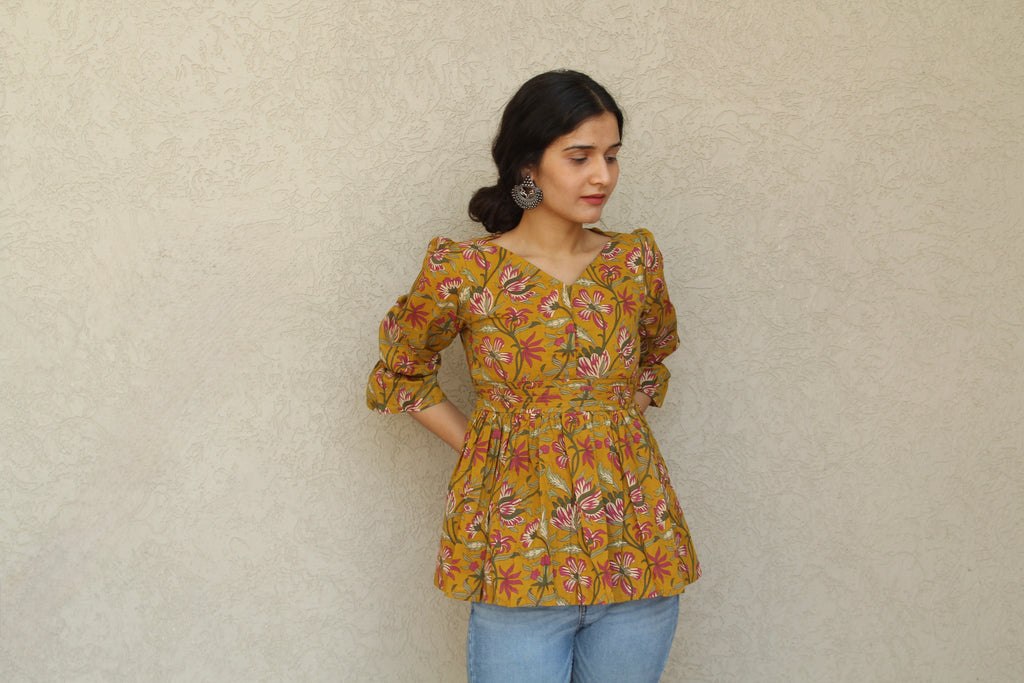 Floral Printed Peplum Top with Balloon Sleeves